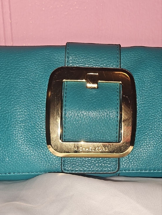 Michael Kors Handbags - Michael Kors Teal Leather Wallet with Gold Buckle Accent
